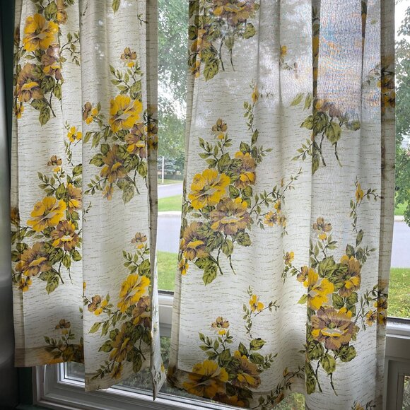 Vintage 60s pleated curtains, yellow green bold floral, Fiberglass panels - Picture 2 of 10
